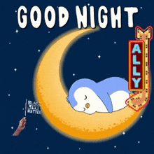 a penguin is sleeping on a crescent moon with a sign that says good night