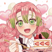 a drawing of a girl with pink hair and green eyes holding a piece of cake