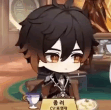 a chibi character from a video game is sitting at a table with a cup of tea and a plate of food .