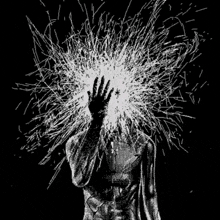 a black and white drawing of a person covering their face
