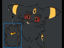a drawing of a black cat with a yellow eye and a yellow nose