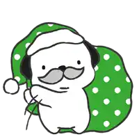 a pug dog wearing a santa hat and holding a green polka dot bag