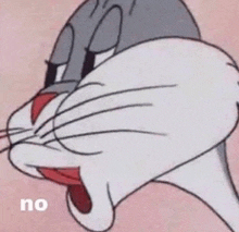 bugs bunny from looney tunes is making a funny face with his mouth open and the word no on the bottom .
