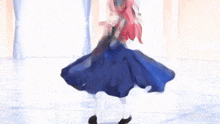 a girl with pink hair is wearing a blue dress