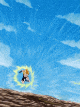 a cartoon character flying through the air with a blue sky behind him