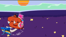 a cartoon character wearing headphones is holding a gun