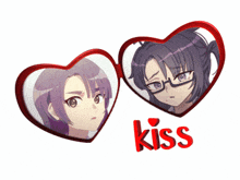 two anime girls in heart shaped frames with the word kiss underneath
