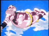 a cartoon character is flying through the air with a blue sky behind him .
