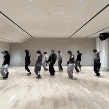 a group of people are dancing in a room