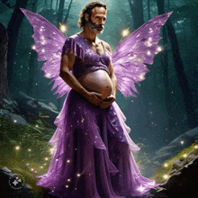 a man in a purple dress with fairy wings is standing in a forest