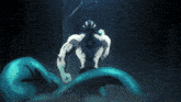 a cartoon drawing of a man with a long blue tail