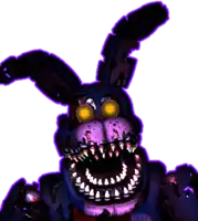 a purple and blue bunny with glowing eyes and teeth