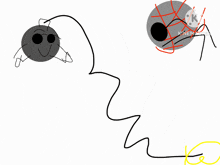 a drawing of two circles with faces and arms connected by a string