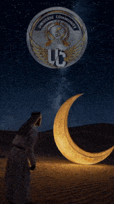 a man stands in front of a crescent moon with the words " divisi religi universe com uc " on the top