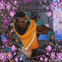 a picture of a man surrounded by purple flowers with the words immortality field is not a suggestion get in
