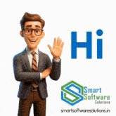 a man in a suit and tie is waving in front of a sign that says hi