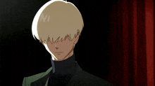 a man in a suit and turtleneck adjusts his hair in front of a red curtain