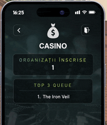 a phone screen shows the top 3 queue of the casino