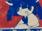 a cartoon drawing of a girl with a fork in her mouth with chinese writing below her