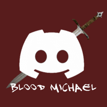 a discord logo with a sword and the words blood michael written beneath it