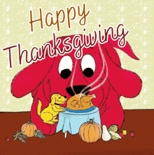 a cartoon of a dog eating a turkey with the words happy thanksgiving above it