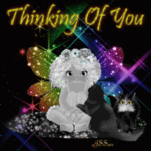 a picture of a fairy and a cat with the words thinking of you