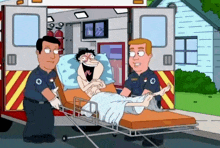 a cartoon of a man laying on a stretcher next to an ambulance that says ' ambulance ' on it