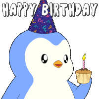 a penguin wearing a party hat is holding a cupcake with a candle