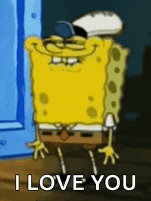 a cartoon spongebob says i love you in front of a door