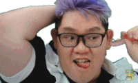 a man with glasses and purple hair is brushing his teeth with a toothbrush