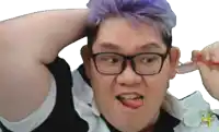 a man with glasses and purple hair is brushing his teeth with a toothbrush