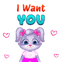 a cartoon bunny says i want you with hearts around it