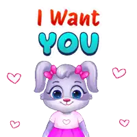a cartoon bunny says i want you with hearts around it