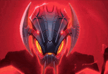 a close up of a robot 's face with red eyes
