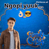 a man is standing in front of a blue background with the words ngopi yuuk