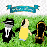 a happy easter greeting card with three cartoon characters holding hands