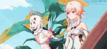 a couple of anime girls are standing next to each other with the words yoshida-midoriko below them