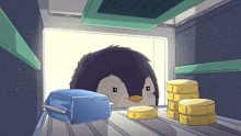 an illustration of a penguin looking out of a refrigerator window
