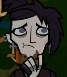 a cartoon character with purple hair is making a funny face