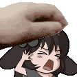 a hand is putting a donut on the head of a cartoon girl .