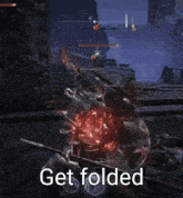 a video game screen shows a knight with a sword and the words get folded