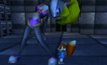 a cartoon of a woman and a squirrel standing next to each other in a dark room