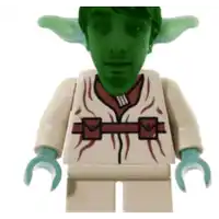 a lego figure has a green face and a white shirt