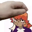a cartoon character with red hair and a purple shirt is being pummeled by a hand .