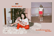 a poster for maybe side a shows a woman sitting on the floor and a woman holding a tennis racquet