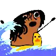 a cartoon of a person holding a yellow rubber duck in the water .