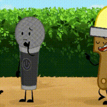 a cartoon of a microphone standing next to a hot dog wearing a hard hat