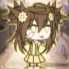a gacha girl with brown hair and yellow flowers in her hair is standing on a sidewalk .