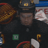 a hockey player wearing a helmet that says 43 on it