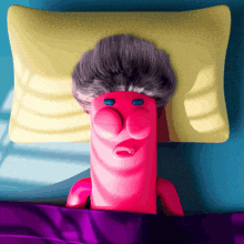 a pink cartoon character is laying in bed with a yellow pillow over his head